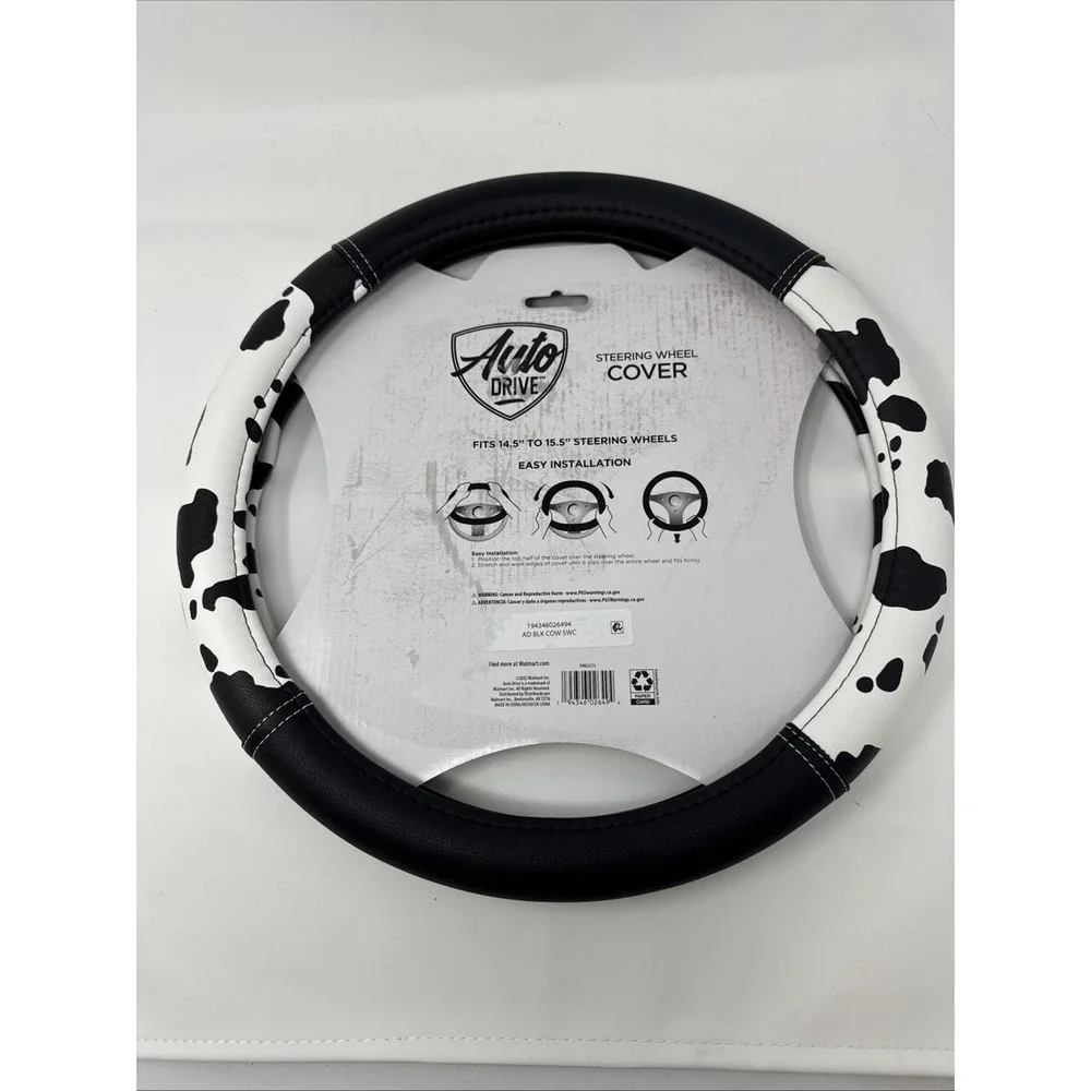 Auto Drive Black White Cow Print Faux Leather Steering‎ Wheel Cover, SUVs
